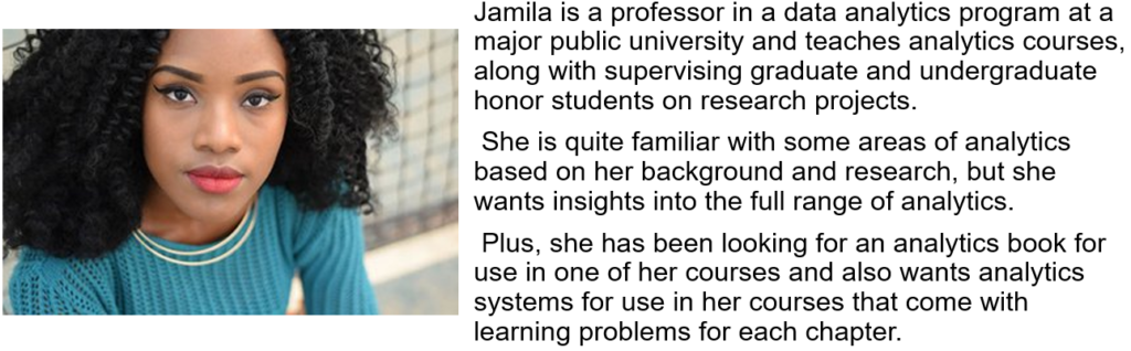 Jamila is a professor in a data analytics program at a major public university and teaches analytics courses